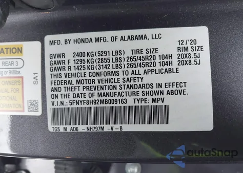 2021 Honda Passport Awd Touring from USA, damaged, VIN 5FNYF8H92MB009163